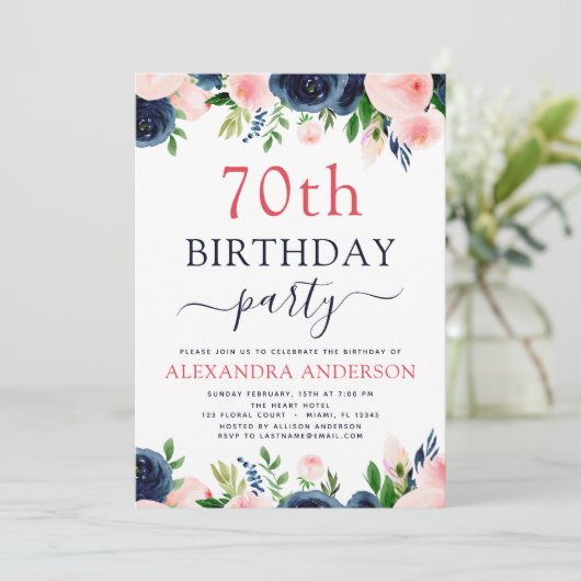 第70回バースデーパーティー海軍ブルー赤面ピンクフローラ 招待状 (スタンド正面)