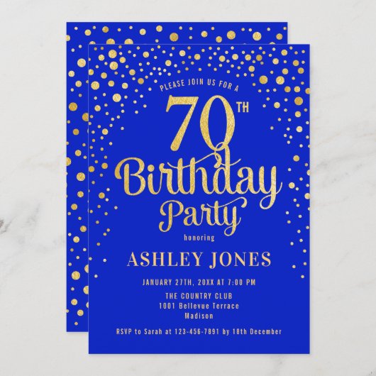 第70回バースデーパーティー王室の – ブルー&金ゴールド 招待状 (正面/裏面)