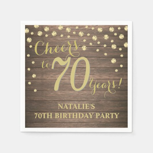 第70回バースデーパーティー素朴ウッド&金ゴールドダイヤモンド スタンダードカクテルナプキン (正面)