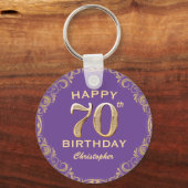 第70回バースデーパーティー紫と金ゴールドグリッター枠 キーホルダー (正面)