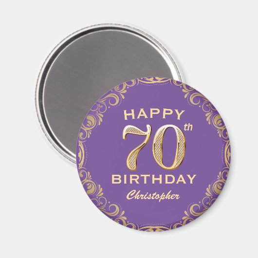 第70回バースデーパーティー紫と金ゴールドグリッター枠 マグネット (正面/裏面)