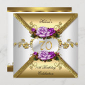 第70回バースデーパーティー紫エレガントの金ゴールドバラ 招待状 (正面/裏面)