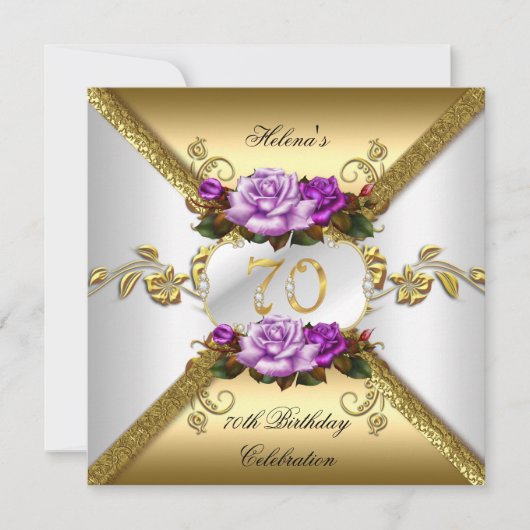 第70回バースデーパーティー紫エレガントの金ゴールドバラ 招待状 (正面)
