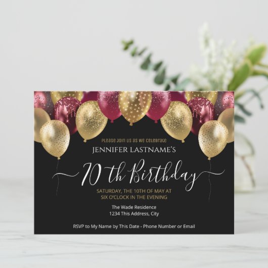 第70回バースデーパーティー赤と金ゴールド招待状 招待状 (スタンド正面)