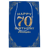 第70回バースデーパーティー青と金ゴールドグリッター ミディアムペーパーバッグ (正面)