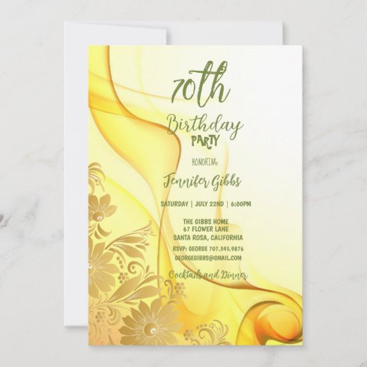 第70回バースデーパーティー黄色い花と渦巻きインビタ 招待状 (正面)