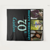 第70回バースデーパーティー、ティール（緑がかった色）ブルーグリッター&3枚 タペストリー (正面(横))