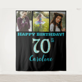 第70回バースデーパーティー、ティール（緑がかった色）ブルーグリッター&3枚 タペストリー