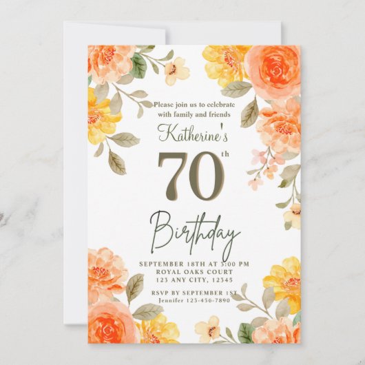 第70回フローラオレンジイエローボホウォーター誕生日 招待状 (正面)