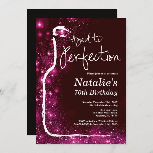 第70回ワイン誕生日熟成から完璧なピンクグリッター 招待状 (正面/裏面)