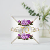 第70回女性の誕生日パーティパープルバラホワイト金ゴールド 招待状 (スタンド正面)