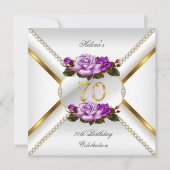 第70回女性の誕生日パーティホワイト金ゴールド薄紫バラ 招待状 (正面)