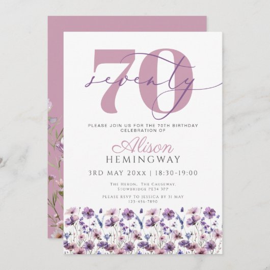 第70回紫フェミニン花模様蝶の誕生日 招待状 (正面/裏面)