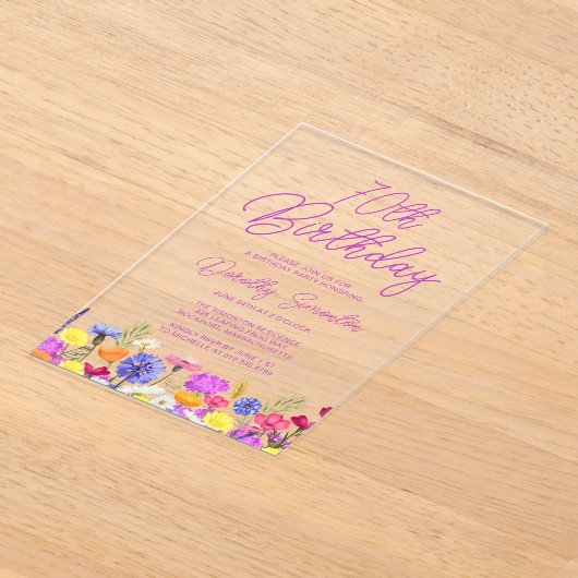 第70回誕生会パープルボホワイルドフラワー アクリル招待状 (レイダウン)