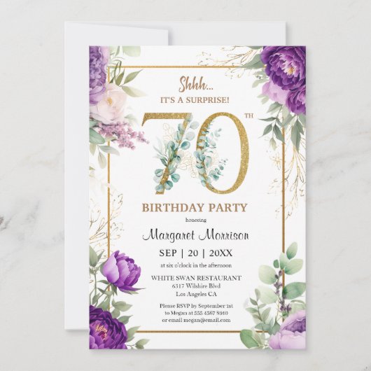 第70回誕生会金ゴールド紫エレガント牡丹 招待状 (正面)