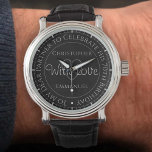 第70回誕生日時計でパートナーに贈る 腕時計<br><div class="desc">彼の誕生日にパートナーのギフトウォッチ。特記付き時計。70歳の誕生日プレゼント。時計は碑文と「愛と」のメッセージを持っている。各パートナーの名前。ブラックウォッチ顔。</div>