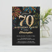 第70回誕生日、黒と金ゴールド、虹の花火 招待状 (スタンド正面)