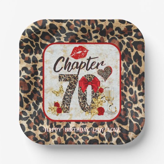 第70章レッド&金ゴールドヒョウ70誕生日 ペーパープレート (正面)