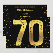第70誕生会のフェイクな金ゴールドホイルの紙吹雪の黒 招待状 (正面/裏面)