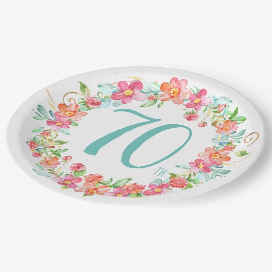 第70誕生日のかわいらしい水彩画の花のパーティー ペーパープレート (アングル)