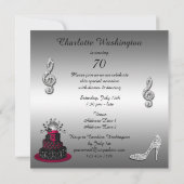第70誕生日のディスコの花型女性歌手のケーキおよび輝きのかかと 招待状 (裏面)