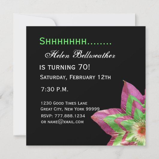 第70誕生日のピンクの緑の花W1444を驚かして下さい 招待状 (裏面)