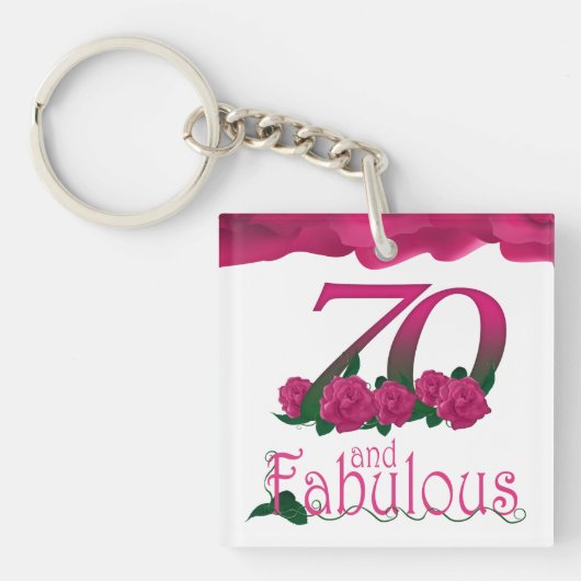 第70誕生日のピンクの花のばら色の花のkeychain キーホルダー (正面)