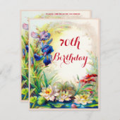 第70誕生日のヴィンテージの《植物》スイレンおよびアイリス花 招待状 (正面/裏面)