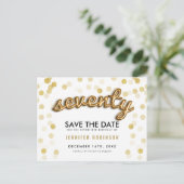 第70誕生日の保存日付の金ゴールドの気球のグリッター 案内ポストカード (スタンド正面)