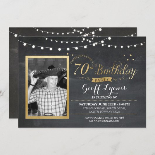 第70誕生日の写真のチョークの素朴な金ゴールドの招待状 招待状 (正面/裏面)