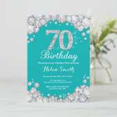 第70誕生日の招待状のティール(緑がかった色)および銀のダイヤモンド 招待状 (スタンド正面)