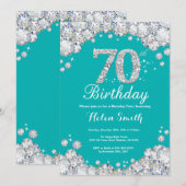第70誕生日の招待状のティール(緑がかった色)および銀のダイヤモンド 招待状 (正面/裏面)
