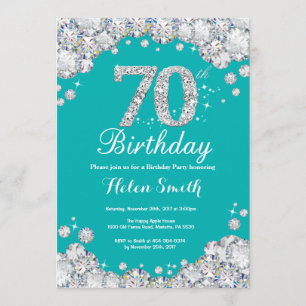 第70誕生日の招待状のティール(緑がかった色)および銀のダイヤモンド 招待状