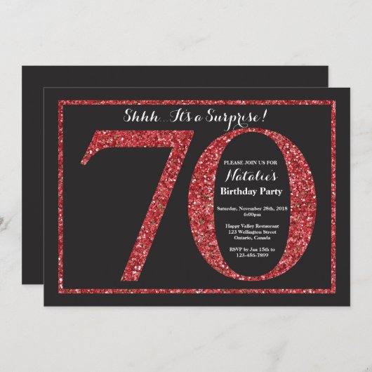 第70誕生日の招待状の赤いグリッターを驚かして下さい 招待状 (正面/裏面)