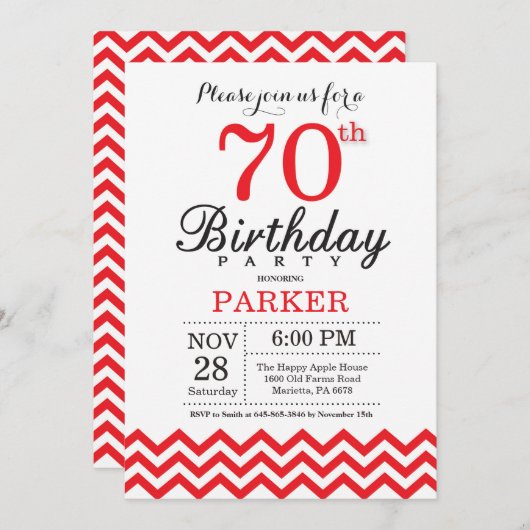 第70誕生日の招待状の赤シェブロン 招待状 (正面/裏面)