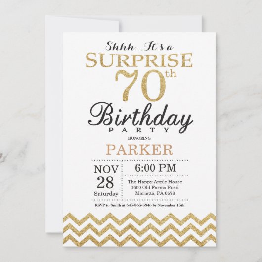 第70誕生日の招待状の金ゴールドのグリッターを驚かして下さい 招待状 (正面)