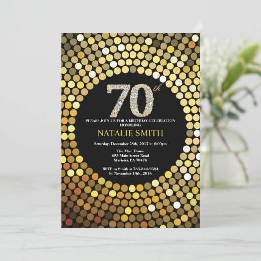 第70誕生日の招待状の黒および金ゴールドのグリッター 招待状 (スタンド正面)