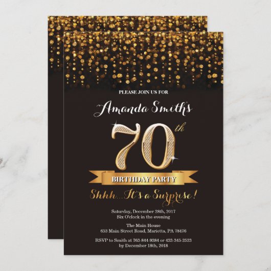 第70誕生日の招待状の黒および金ゴールドを驚かして下さい 招待状 (正面/裏面)