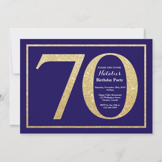 第70誕生日の濃紺および金ゴールドのグリッター 招待状 (正面)