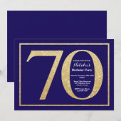 第70誕生日の濃紺および金ゴールドのグリッター 招待状 (正面/裏面)