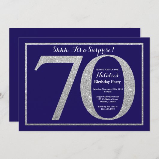 第70誕生日の濃紺の銀のグリッターを驚かして下さい 招待状 (正面/裏面)