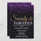 第70誕生日の紫色および金ゴールドのグリッター 招待状 (正面/裏面)