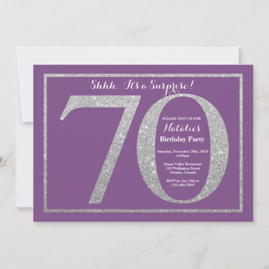 第70誕生日の紫色および銀製のグリッターを驚かして下さい 招待状 (正面)