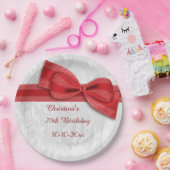 第70誕生日の赤いダマスク織およびフェイクな弓 ペーパープレート (パーティー)