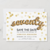 第70誕生日の金ゴールドの気球のグリッターの保存日付 招待状 (正面)