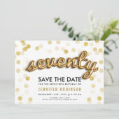 第70誕生日の金ゴールドの気球のグリッターの保存日付 招待状 (スタンド正面)