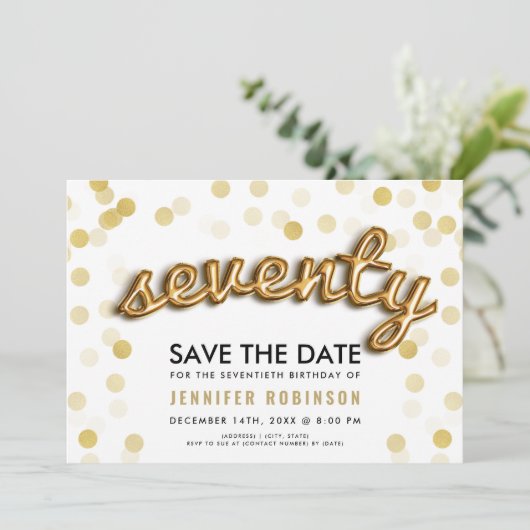 第70誕生日の金ゴールドの気球のグリッターの保存日付 招待状 (スタンド正面)