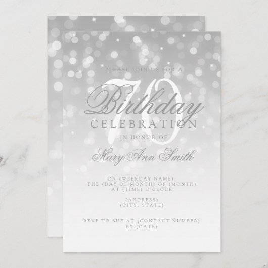第70誕生日の銀エレガント色の《写真》ぼけ味の光 招待状 (正面/裏面)