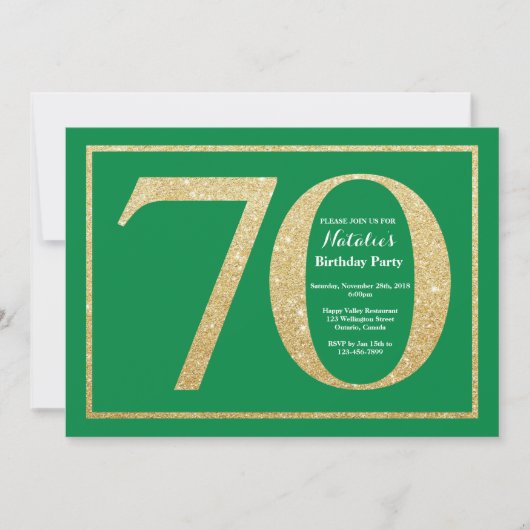 第70誕生日グリーン&金ゴールドグリッター 招待状 (正面)