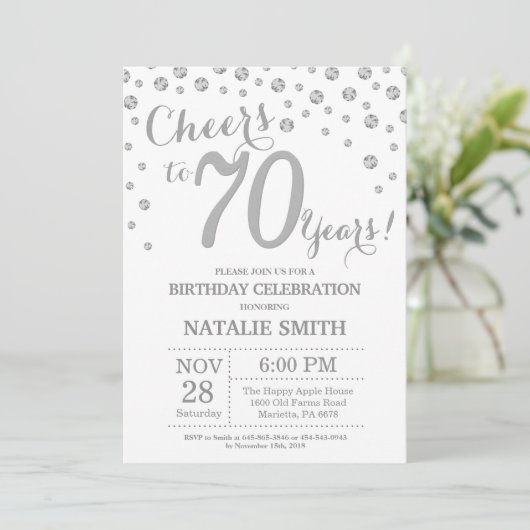 第70誕生日シルバーグリッターダイヤモンド招待状 招待状 (スタンド正面)